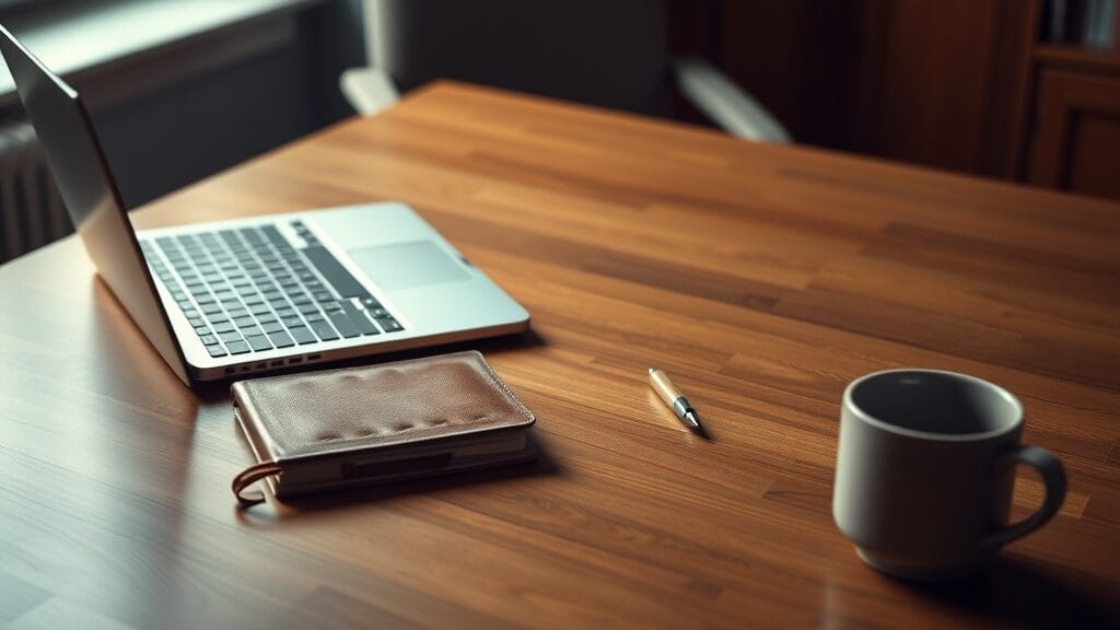 Bureau ordonné avec ordinateur portable fermé, carnet en cuir et tasse, lumière douce et ambiance sobre.