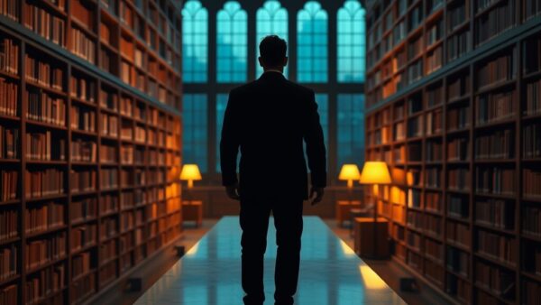 Bibliothèque institutionnelle de mathématiques au crépuscule, table de lecture en marbre et silhouette d'un chercheur au loin.