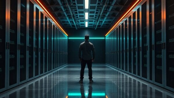 Salle technique sobre aux tons navy et émeraude, silhouette d'ingénieur de dos au loin, atmosphère d'infrastructure audio.