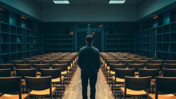 Salle d'orientation scolaire vide au crépuscule, silhouette d'un parent de dos au fond du couloir.