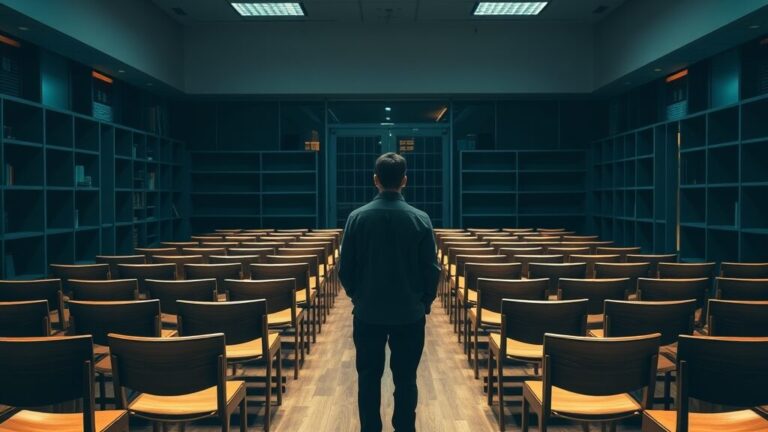Orientation 2026 : pourquoi les parents refusent le pilote IA 10 Salle d'orientation scolaire vide au crépuscule, silhouette d'un parent de dos au fond du couloir.