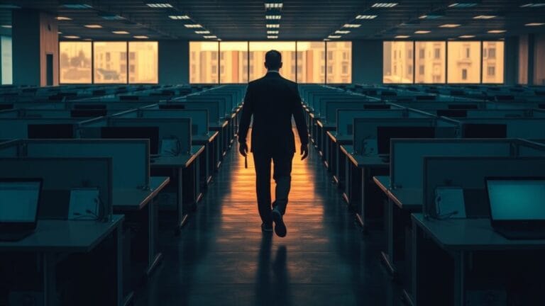 Parloa : anatomie d'une bascule à 80 % du service client vers l'IA vocale 1 Plateau de centre d'appels désert au crépuscule, postes vides et silhouette d'un superviseur de dos au loin.