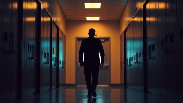 Silhouette d'un analyste de dos dans un long couloir institutionnel sombre menant à une porte renforcée.