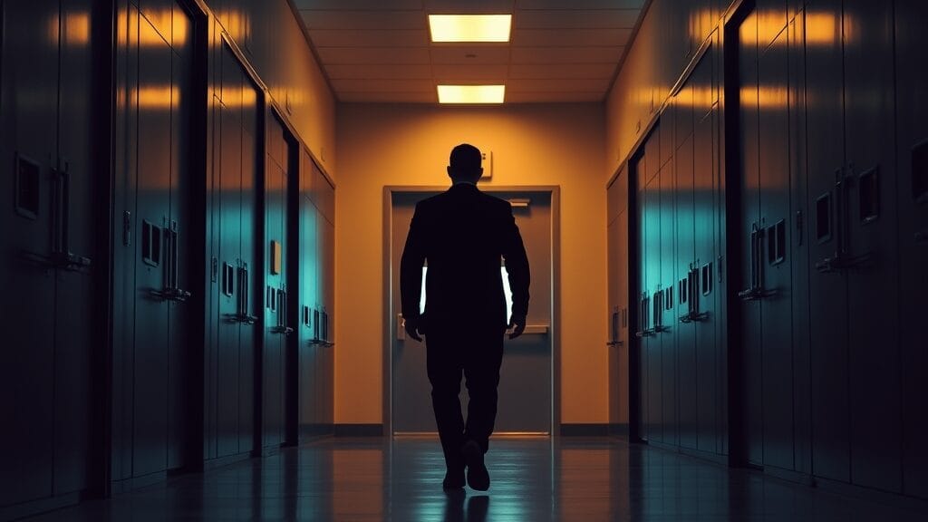 Silhouette d'un analyste de dos dans un long couloir institutionnel sombre menant à une porte renforcée.