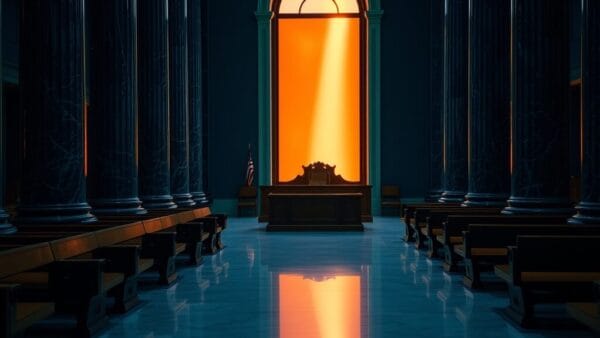 Salle d'audience fédérale vide au crépuscule, colonnes de marbre, banc du juge en bronze, lumière dorée traversant une fenêtre cintrée.