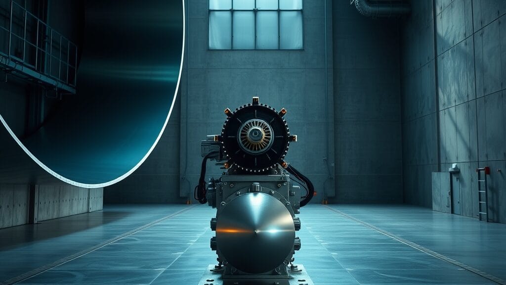 Banc d'essai en soufflerie industrielle avec un moteur expérimental monté au centre d'une vaste salle d'essais propulsion.