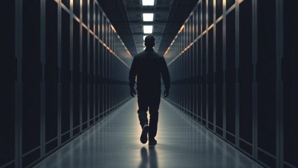 Couloir d'une salle des machines institutionnelle, silhouette d'un ingénieur de dos s'éloignant entre des baies en acier brossé.
