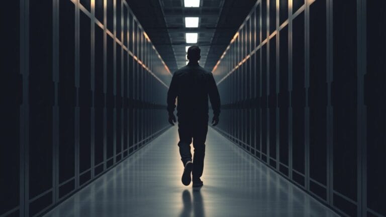 Couloir d'une salle des machines institutionnelle, silhouette d'un ingénieur de dos s'éloignant entre des baies en acier brossé.