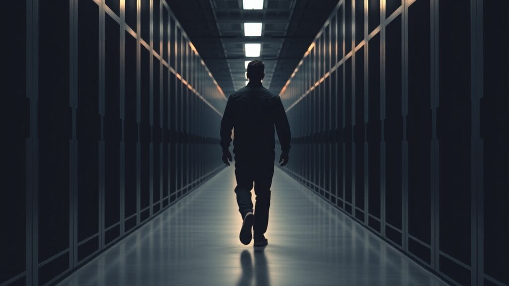 Runtime (YC P26) : anatomie d'une infrastructure que personne ne voulait construire 1 Couloir d'une salle des machines institutionnelle, silhouette d'un ingénieur de dos s'éloignant entre des baies en acier brossé.