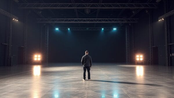 Vaste plateau de tournage vide au crépuscule, silhouette d'un technicien au loin, matériel professionnel au premier plan.