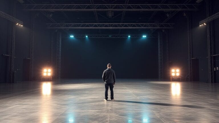 Vaste plateau de tournage vide au crépuscule, silhouette d'un technicien au loin, matériel professionnel au premier plan.