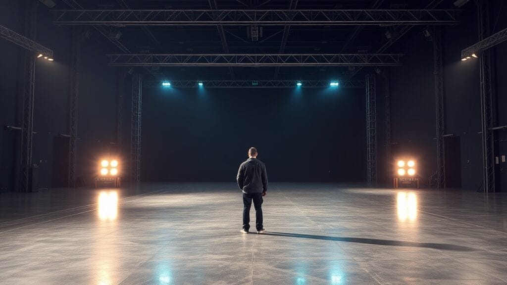 Vaste plateau de tournage vide au crépuscule, silhouette d'un technicien au loin, matériel professionnel au premier plan.