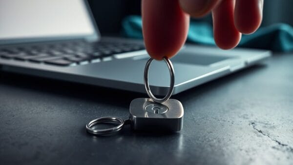 Clé de sécurité matérielle en métal brossé posée sur un bureau sombre près d'un ordinateur portable fermé.