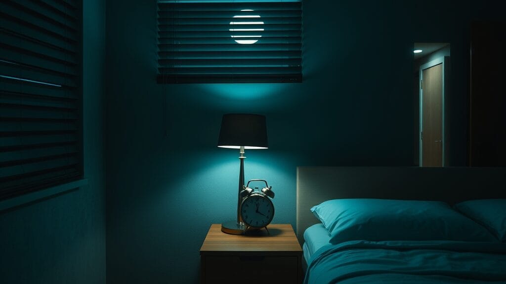 Chambre obscure de nuit, réveil analogique sur table de chevet, lit défait, lumière froide filtrant à travers les stores.