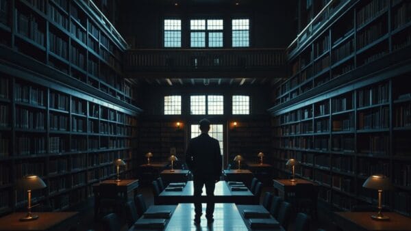 Salle de lecture institutionnelle vide au crépuscule, silhouette d'un chercheur de dos au fond.