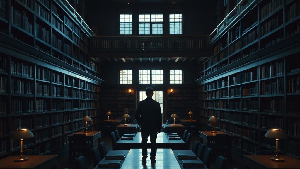 Salle de lecture institutionnelle vide au crépuscule, silhouette d'un chercheur de dos au fond.