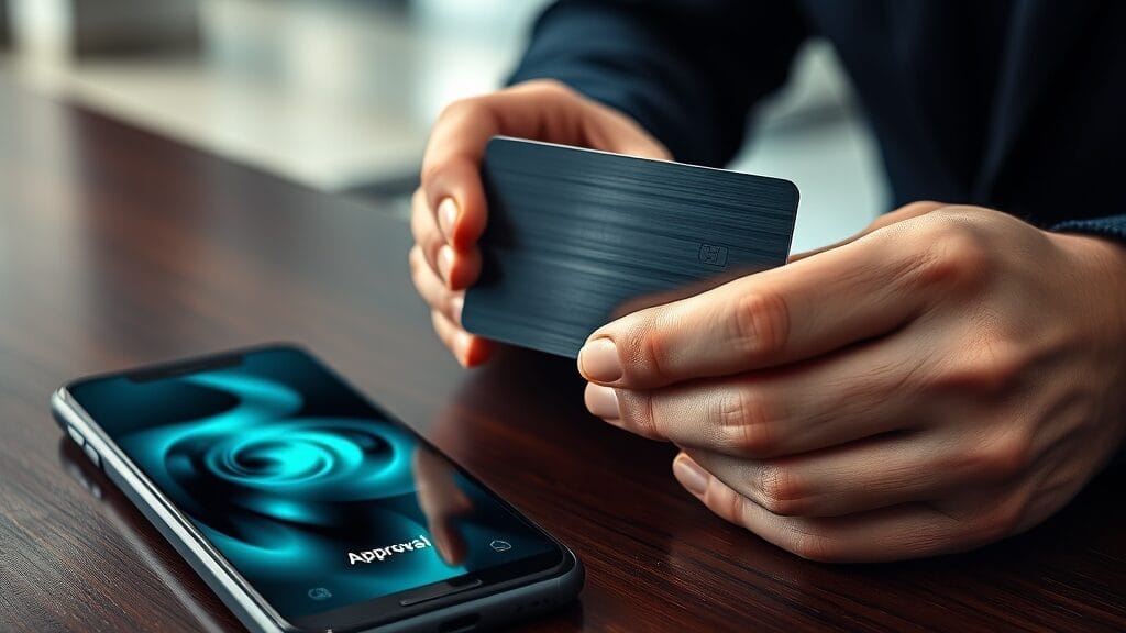 Mains tenant une carte de paiement métallique près d'un smartphone, sur un bureau en bois sombre.