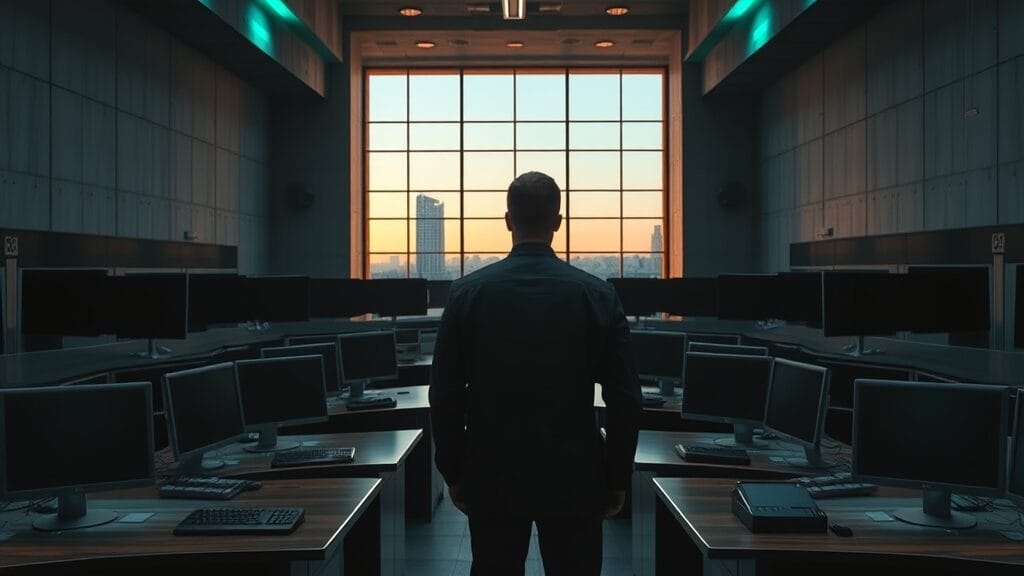 Salle de contrôle vide avec huit postes de travail alignés, silhouette d'un superviseur en arrière-plan.