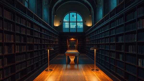Bibliothèque institutionnelle silencieuse au crépuscule, table de lecture vide et chaise reculée.