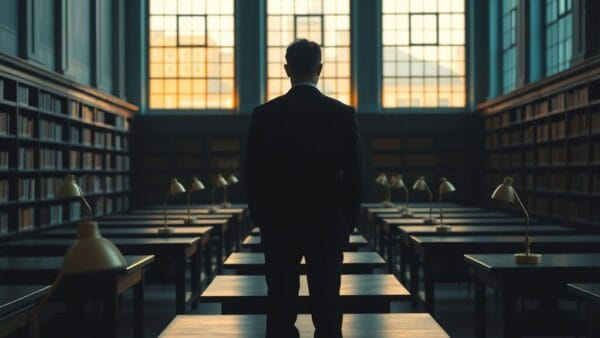 Salle de bibliothèque institutionnelle au crépuscule, silhouette d'un chercheur de dos au fond, ambiance studieuse et silencieuse.