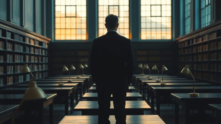 Train Your Own LLM from Scratch : la face cachée de la simplicité 8 Salle de bibliothèque institutionnelle au crépuscule, silhouette d'un chercheur de dos au fond, ambiance studieuse et silencieuse.