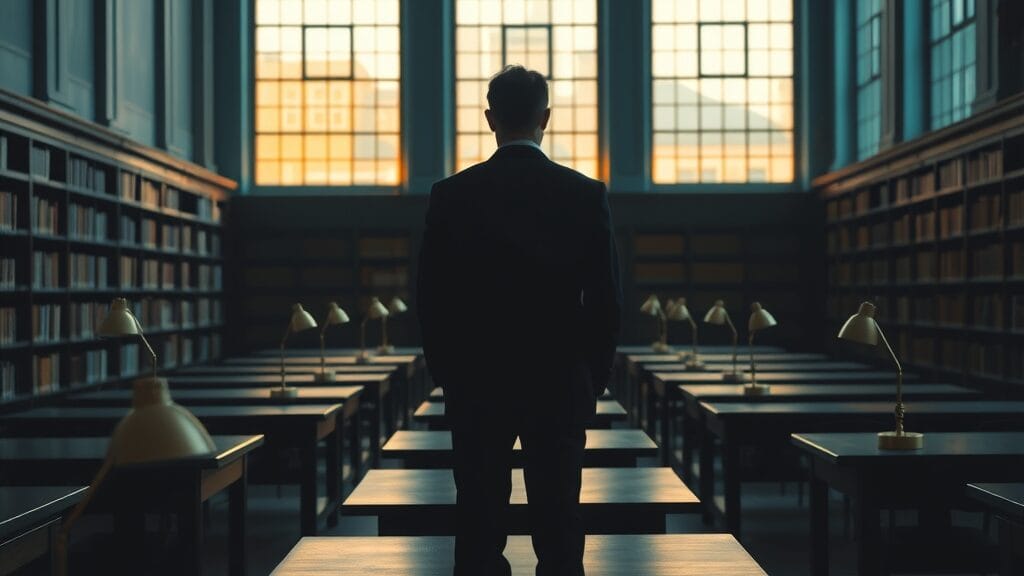 Salle de bibliothèque institutionnelle au crépuscule, silhouette d'un chercheur de dos au fond, ambiance studieuse et silencieuse.