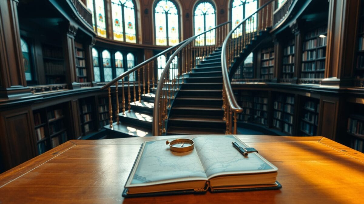 Escalier en spirale d'une bibliothèque ensoleillée avec boussole sur carte papier au premier plan.