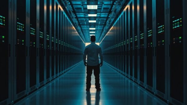 Couloir de salle serveurs vide, racks en acier brossé éclairés en émeraude, silhouette technique au lointain.