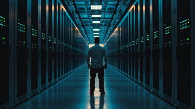 Couloir de salle serveurs vide, racks en acier brossé éclairés en émeraude, silhouette technique au lointain.