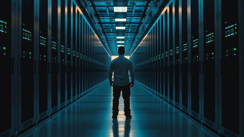 Couloir de salle serveurs vide, racks en acier brossé éclairés en émeraude, silhouette technique au lointain.