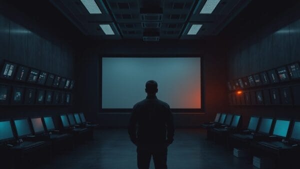 Salle de contrôle de diffusion vide à la tombée du jour, silhouette d'un technicien de dos au fond.