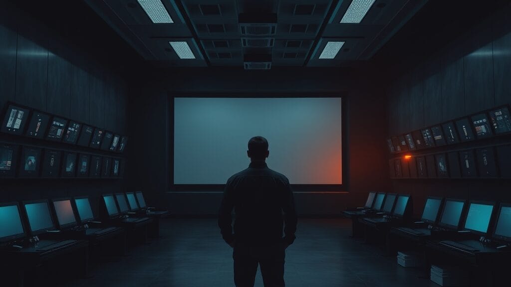 Salle de contrôle de diffusion vide à la tombée du jour, silhouette d'un technicien de dos au fond.