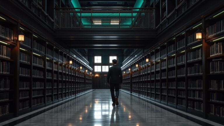 Bibliothèque institutionnelle silencieuse, silhouette d'un chercheur de dos entre les longs rayonnages d'archives.