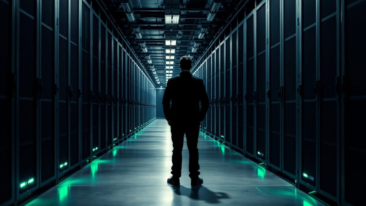 Couloir sombre d'un centre de données avec rangées de baies noires et silhouette d'un analyste cybersécurité au loin.