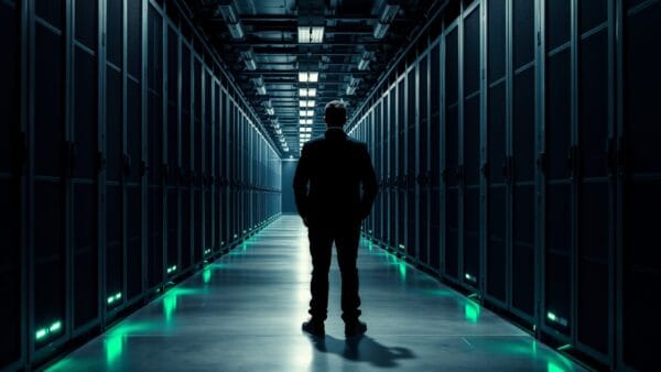 Couloir sombre d'un centre de données avec rangées de baies noires et silhouette d'un analyste cybersécurité au loin.