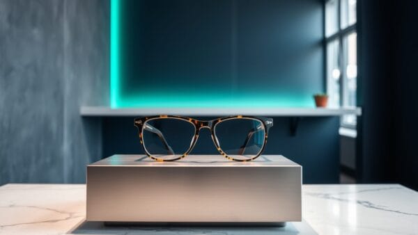 Lunettes connectées posées sur un présentoir en acier brossé dans un showroom sobre aux murs bleu nuit.