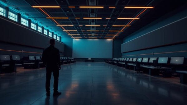 Salle de contrôle vide d'un centre de renseignement géospatial au crépuscule, silhouette analyste de dos.