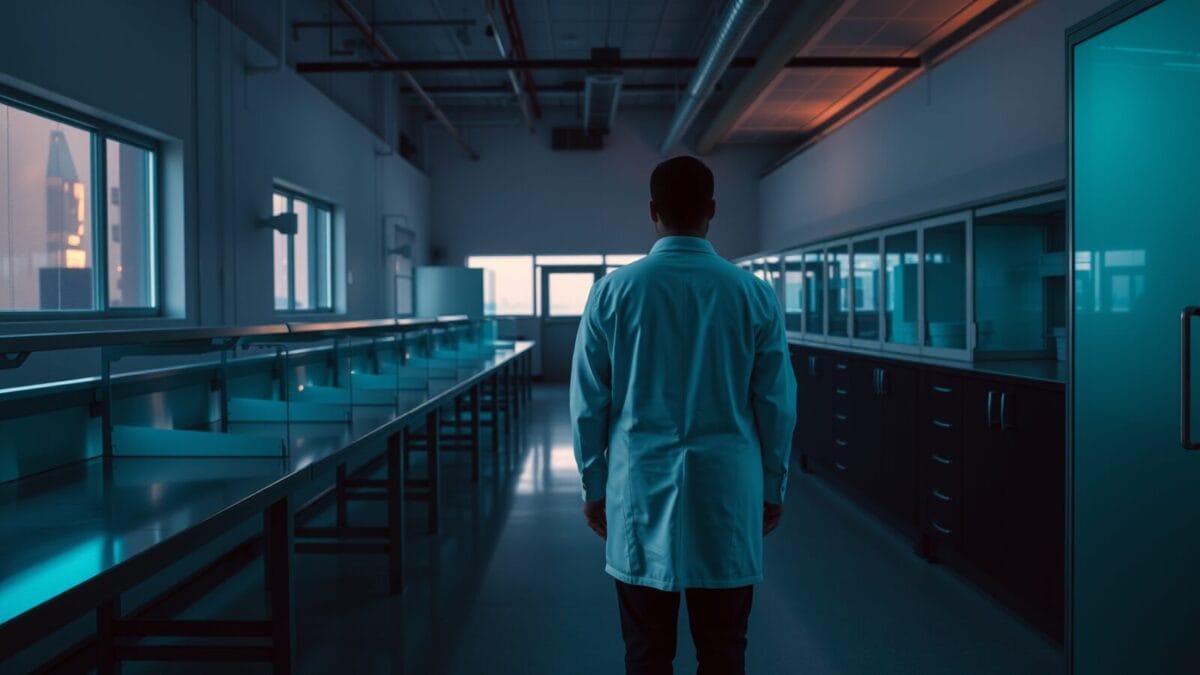 Laboratoire de recherche silencieux au crépuscule, silhouette d'un chercheur de dos au loin.