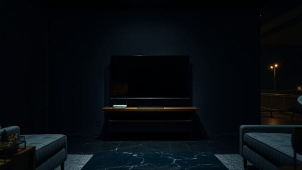 Téléviseur connecté éteint dans un salon sombre, routeur fibre clignotant à proximité.