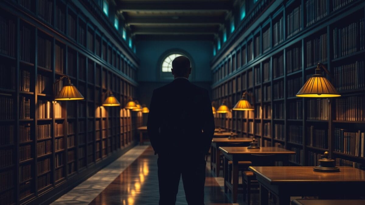 Bibliothèque institutionnelle au crépuscule, silhouette d'un lecteur de dos entre rayonnages de bois sombre et lampes en laiton.