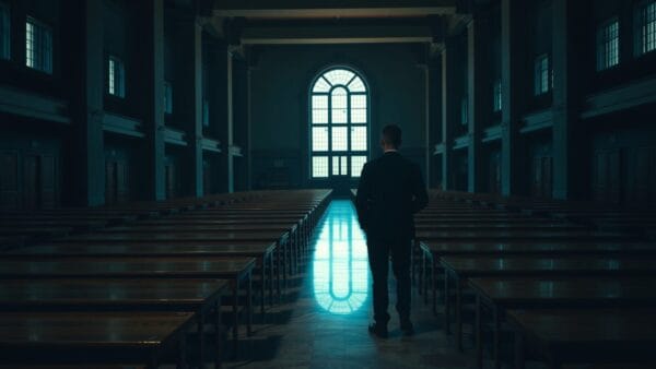 Grande salle d'examen universitaire vide au crépuscule, surveillant de dos au loin entre les rangées de pupitres.