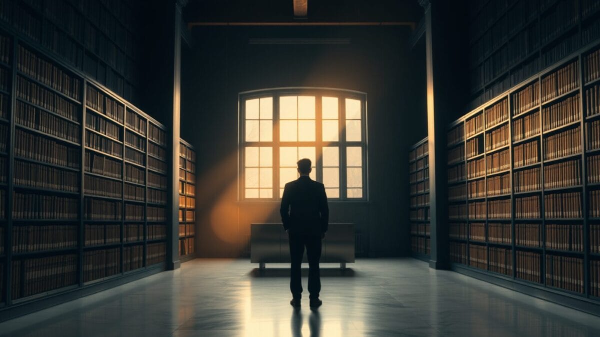 Salle d'archives institutionnelle aux étagères de bois sombre, silhouette d'archiviste de dos au loin.