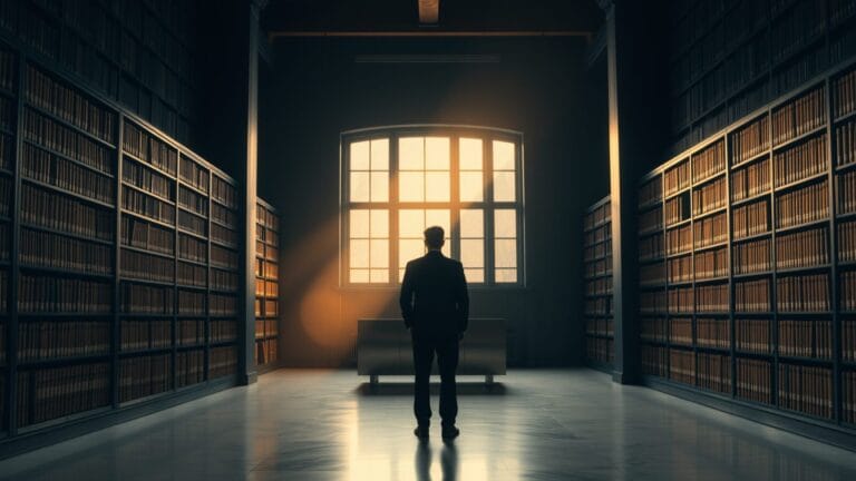 Salle d'archives institutionnelle aux étagères de bois sombre, silhouette d'archiviste de dos au loin.
