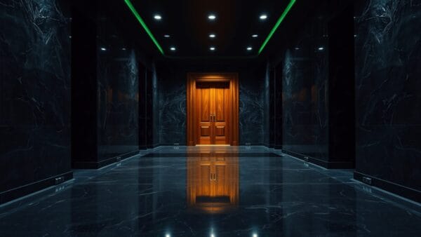 Couloir vide d'un palais de justice en marbre sombre, porte entrouverte au fond éclairée d'ambre.