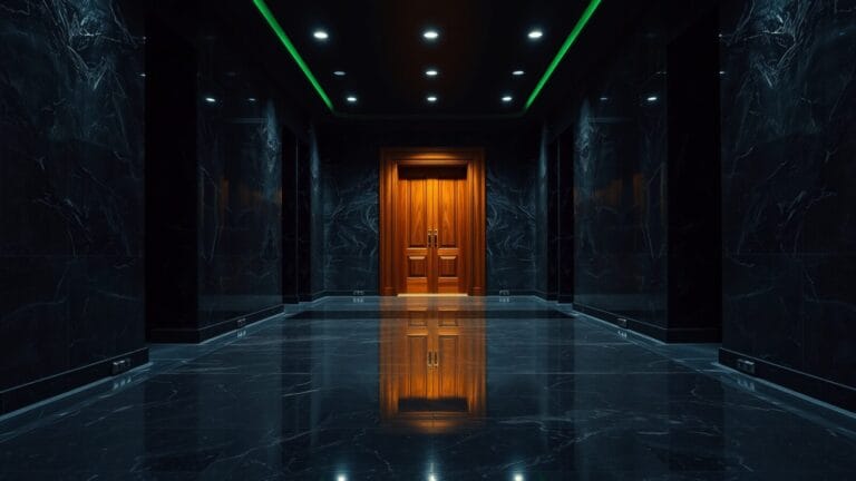 Couloir vide d'un palais de justice en marbre sombre, porte entrouverte au fond éclairée d'ambre.