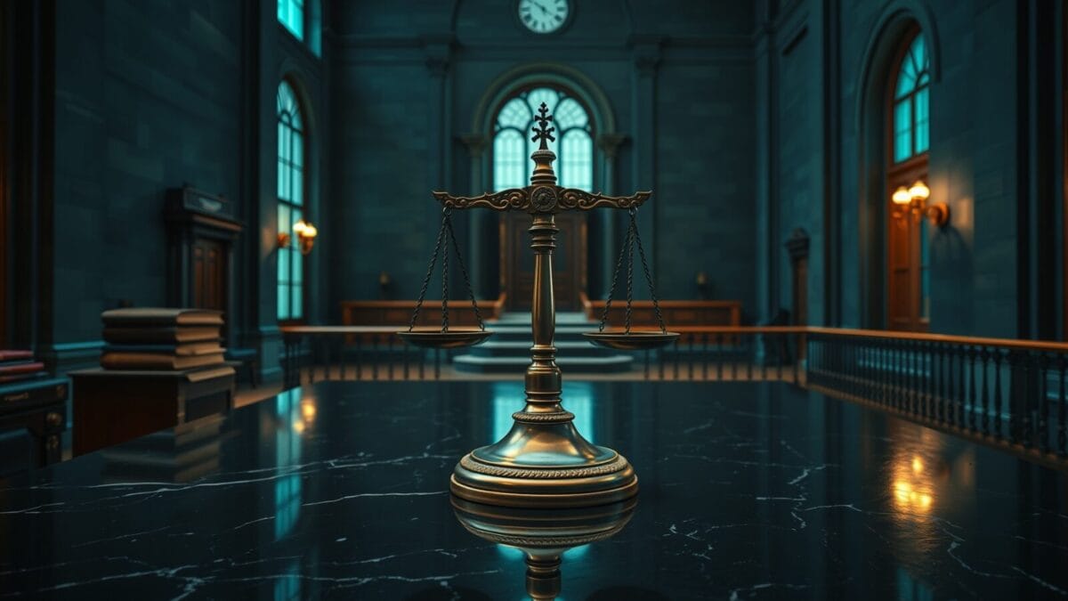 Balance de justice en bronze dans une salle institutionnelle européenne vide, lumière froide.