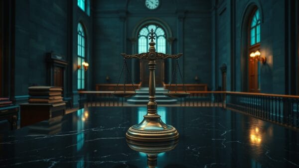 Balance de justice en bronze dans une salle institutionnelle européenne vide, lumière froide.
