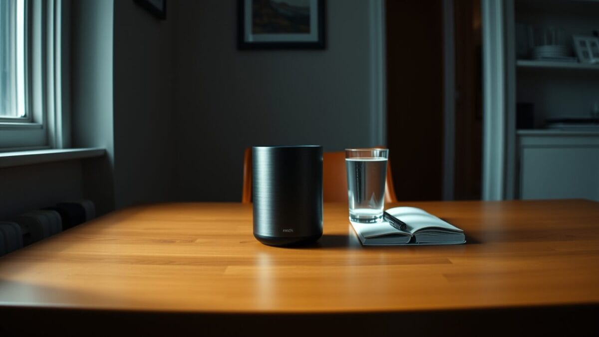 Amazon teste Alexa+ en Inde avec support Hindi 1 Une enceinte connectée éteinte posée sur un bureau en bois, lumière douce du matin.