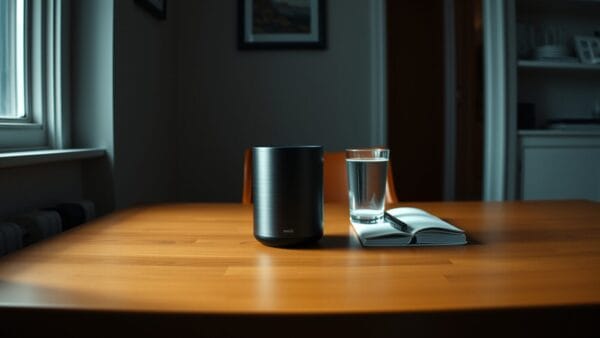 Une enceinte connectée éteinte posée sur un bureau en bois, lumière douce du matin.