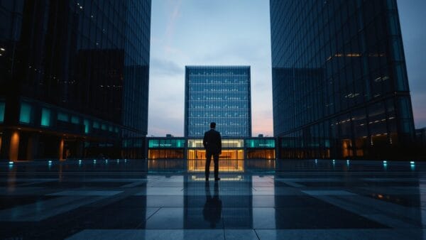 Façade monumentale d'un siège télécoms au crépuscule, silhouette d'un dirigeant de dos sur la plaza.